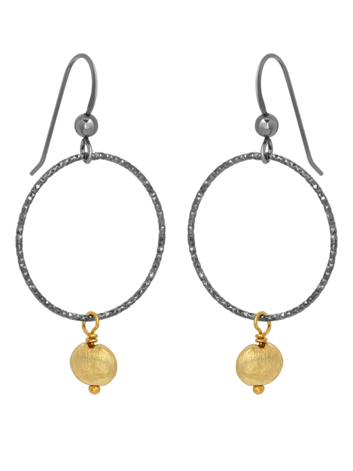 Two-Tone Oxidized Petal Hoop with Gold Drop Earrings